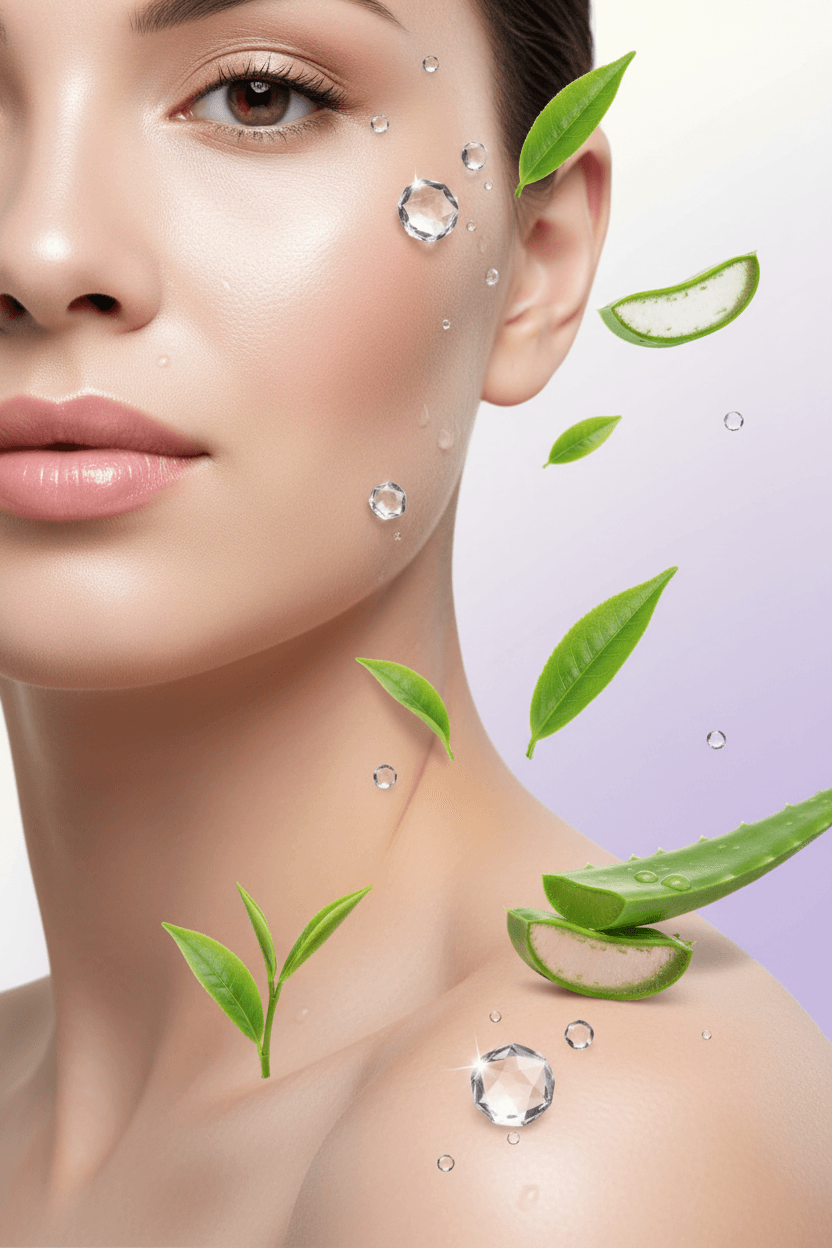 Nahaufnahme einer jungen Frau mit makelloser Haut, umgeben von Aloe Vera Blättern, Wassertröpfchen und grünen Blättern für natürliche Hautpflege